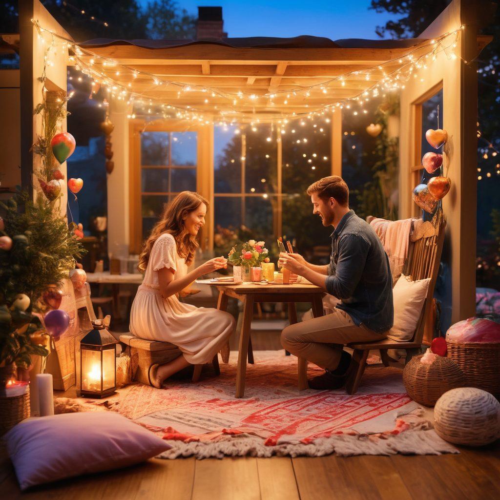 A cozy scene of a couple engaging in fun interactive activities like painting, cooking together, and laughing, surrounded by warm fairy lights and heart-shaped decorations. The background features a soft sunset glow highlighting their joy and connection. Include a variety of art supplies and playful elements like balloons and a picnic setup. super-realistic. warm colors. inviting atmosphere.