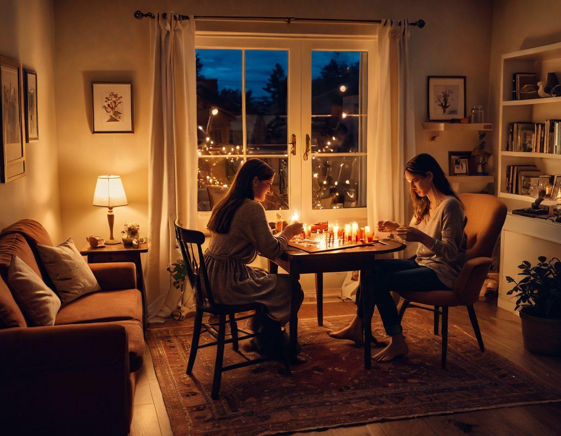 A cozy and romantic scene depicting a couple playing board games together in a softly lit living room, surrounded by candles and fairy lights. The games should have playful elements, like hearts and romantic symbols on the pieces, with a warm color palette. A playful cat can be seen watching them from a nearby chair, adding a whimsical touch. The atmosphere is filled with love and laughter, creating an inviting and intimate vibe. super-realistic. warm colors. soft lighting.