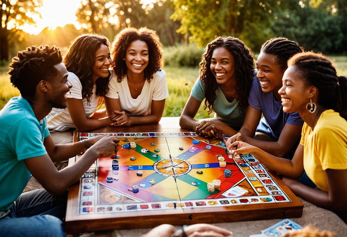 A captivating scene of diverse friends gathered around a colorful game board, laughing and enjoying each other's company, with a sunset background illuminating their faces. The board game pieces are vibrant and varied, symbolizing teamwork and bonding. Include elements of adventure like a map and compass subtly in the background. super-realistic. warm colors. outdoor setting.